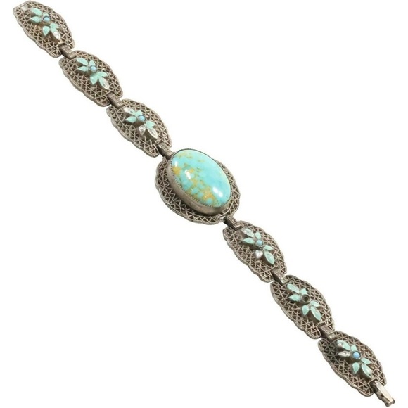 Silver Filigree with Turquoise and Enameling Bracelet 7 1/2 in. x 1 1/8 in.